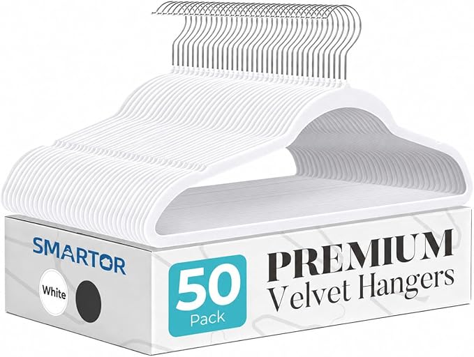 Smartor White Velvet Hangers 50 Pack, Non Slip Clothes Hangers with Shoulder Notches, Premium Slim Space Saving Felt Hanger for Closet Organizers and Storage, Heavy Duty Hanger for Coat