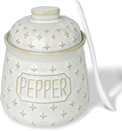 Salt & Pepper Bowl with Lid and Spoon, 10 OZ Ceramic Spices Cellar for Kitchen Counter top, Farmhouse Kitchen Decor (Vintage White, 4.3" Label Pepper)