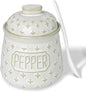 Salt & Pepper Bowl with Lid and Spoon, 10 OZ Ceramic Spices Cellar for Kitchen Counter top, Farmhouse Kitchen Decor (Vintage White, 4.3" Label Pepper)