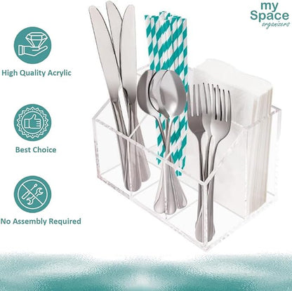 My Space Organizers Utensil Holder Silverware Caddy Countertop Cutlery Organizer For Napkins Flatware Spoon Fork Knife Plastic Acrylic