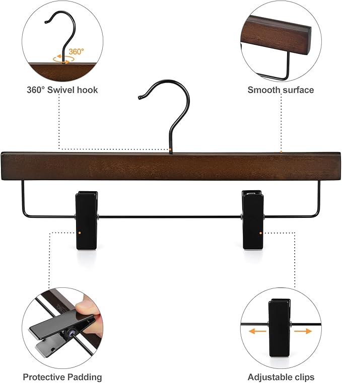 TOPIA HANGER Pants Hangers, Wooden Skirt Trouser Hangers with 2 Adjustable Metal Big Clips, Premium Retro Finish and 360°Swivel Black Hook, Jean Slacks Hangers for Closet, 20 Pack, CT03A20
