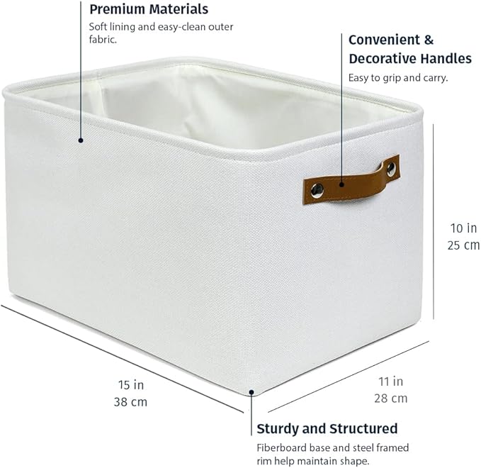 OrganiHaus 15x11in Canvas Storage Baskets 3 Pack | LARGE Fabric Bins for Shelves | Closet & Bedroom Storage | Full Off-White