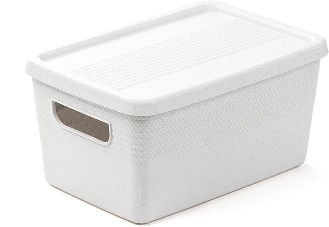 BINO | Plastic Storage Bins with Lids, 5 Liter - 3 Pack, White | THE BRAIDED COLLECTION | Plastic Bins for Organization Woven Storage Baskets for Organizing Pantry Shelf Organizer Basket Container Bin
