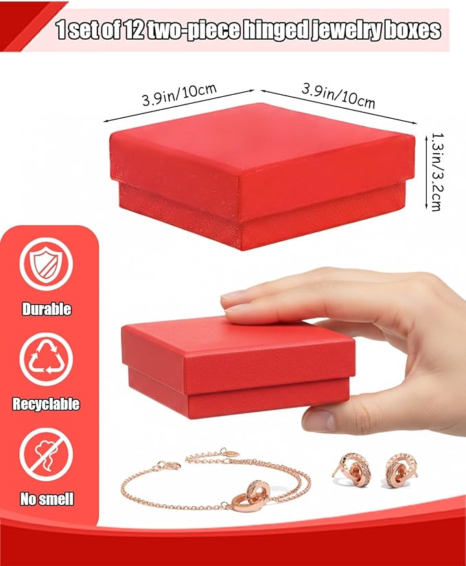 Rocutus Jewelry Gift Boxes for Necklace, Earring, Ring - Cotton Filled Cardboard Paper Jewelry Box Gift Cases for Wedding, 12 Pack Engagement, Gift Packaging, Luxury Jewelry Box, Ring Box (Red)