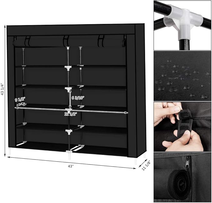 Knocbel 6 Tiers Shoe Rack Dustproof & Water-Resistant Non-Woven Fabric Closet Storage Cabinet Organizer, 44" x 11 1/8" x 43 1/4" (Black)
