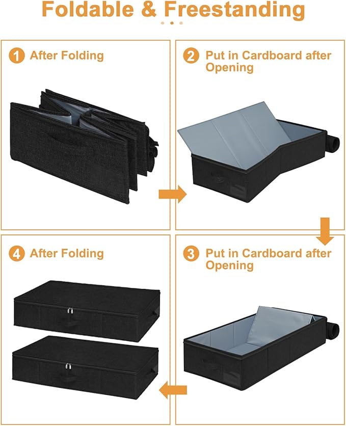 punemi Under Bed Storage Container, 2 Pack Underbed Storage Bags With Lid, Foldable Sturdy Clothes Storage Organizer W/ 3 Handles, Ultra Thick Fabric Blanket Shoe Storage Box, 30x15x6.7inch, Black
