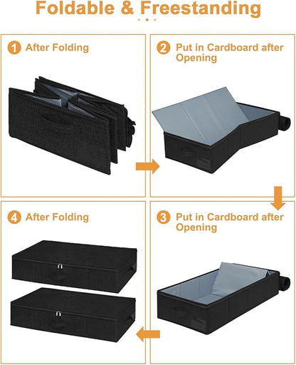 punemi Under Bed Storage Container, 2 Pack Underbed Storage Bags With Lid, Foldable Sturdy Clothes Storage Organizer W/ 3 Handles, Ultra Thick Fabric Blanket Shoe Storage Box, 30x15x6.7inch, Black