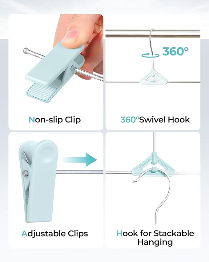 Pants Hangers with Clips 30 Pack, Stackable Space-Saving Skirt Hangers with Adjustable Non-Slip Clips, 360° Swivel Hook, Closet Organizer for Pants, Shorts, Jeans, Blue