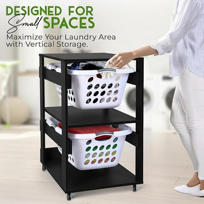 Laundry Basket Holder Shelf – Stackable Engineered Wood Laundry Tower, Tiered Hamper Organizer for Bathroom, Bedroom, Closet (Black, 2 Tier)