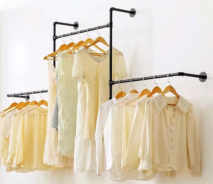 Industrial Pipe Clothing Rack Wall Garment Rack with Pipe Clothes Rails, Heavy Duty Clothes Hanging Rods Space-Saving Closet Organizer (Wall Clothing Rack-3 Hanging Rods)