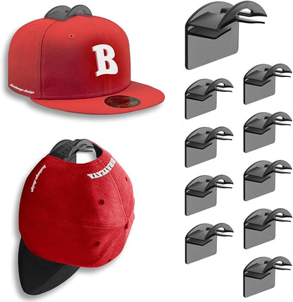 Hat Hangers for Wall, Stronge Adhesive Hat Holders Display, No Driling Caps Holder Organizer, 10 Pack Hat Hook for Baseball Caps, Wall Mounted Cap Rack, Translucent Black