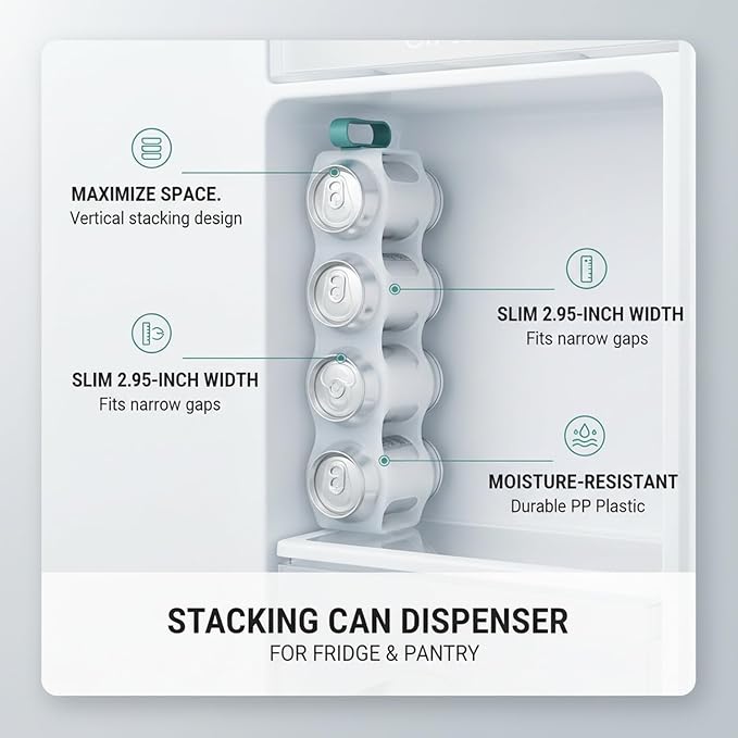 Stacking Can Dispenser for Refrigerator, Slim Vertical Soda Organizer Rack to Maximize Shelf Space, Durable PP Plastic Storage Holder for Pantry & Kitchen
