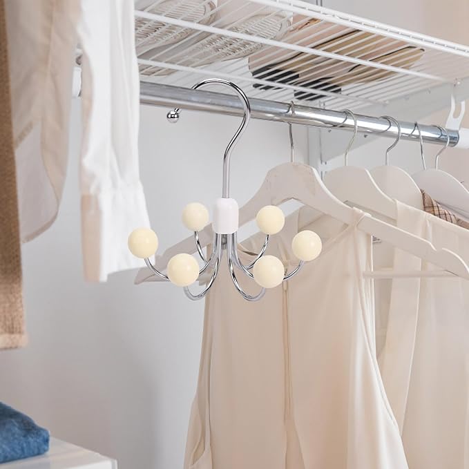 6-Wooden Balls Space Saving Hangers, Multipurpose 360° Swivel Hanger for Closet, Rotatable Wardrobe Hooks, Hanging Holder Organizer for Purse, Belt, Scarf, Bra, Hat and Tie Storage (Beige)