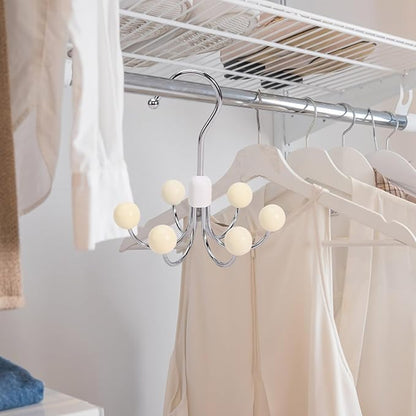 6-Wooden Balls Space Saving Hangers, Multipurpose 360° Swivel Hanger for Closet, Rotatable Wardrobe Hooks, Hanging Holder Organizer for Purse, Belt, Scarf, Bra, Hat and Tie Storage (Beige)