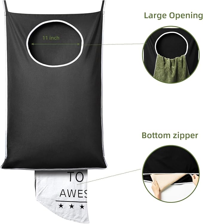 KEEPJOY XL Black Door Hanging Laundry Hamper, 36.5" x 22.5" Large Capacity Hanging Hamper Bag with Large opening and Strong Hooks for All Family Laundry, Blankets, and Toys (Black,1-Pack)