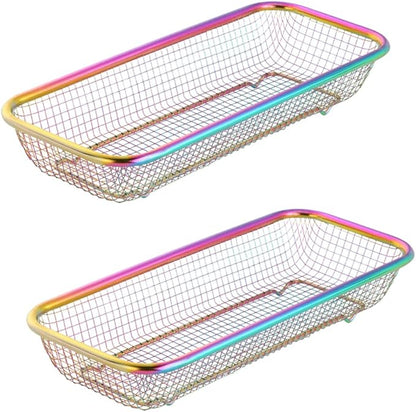 Silverware Drawer Organizer, Rainbow Mesh Kitchen Drawer Organizers, Iridescent Stackable Storage Basket Metal Utensil Holder for Flatware, 12.5"x5"x2.5", Pack of 2