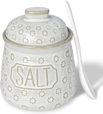Salt & Pepper Bowl with Lid and Spoon, 10 OZ Ceramic Spices Cellar for Kitchen Counter top, Farmhouse Kitchen Decor (Vintage White, 4.3" Label Salt)