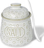 Salt & Pepper Bowl with Lid and Spoon, 10 OZ Ceramic Spices Cellar for Kitchen Counter top, Farmhouse Kitchen Decor (Vintage White, 4.3" Label Salt)