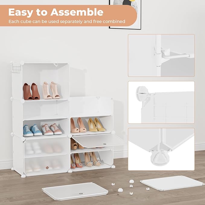 Shoe Rack 10 Tier Shoe Storage Cabinet with Door 20 Pair Tall Shoes Rack Organizer Free Standing Expandable Stable Plastic Easy Assembly Shoes Shelf for Closet Hallway Entryway Bedroom White