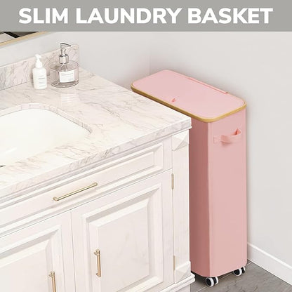 Goodpick Slim Laundry Basket with Wheels and Lid, 75L Tall Laundry Hamper with Bamboo Frame Removable Bag, Collapsible Clothes Hamper for Dorm Home Decor, Pink, 17" x 9.8" x 29.5"