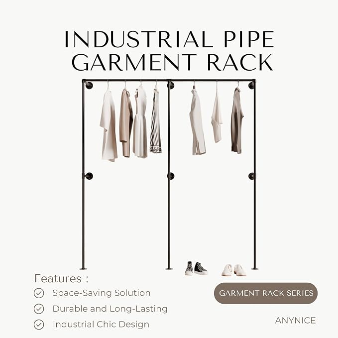 Black Industrial Pipe Clothing Rack 75" W Wall Mounted, Heavy Duty Iron Garment Rack 150 lbs per Rod, Open Closet Organizer for Bedroom Laundry Room Retail Display