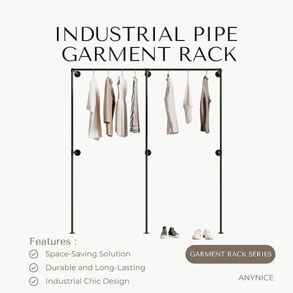 Black Industrial Pipe Clothing Rack 75" W Wall Mounted, Heavy Duty Iron Garment Rack 150 lbs per Rod, Open Closet Organizer for Bedroom Laundry Room Retail Display