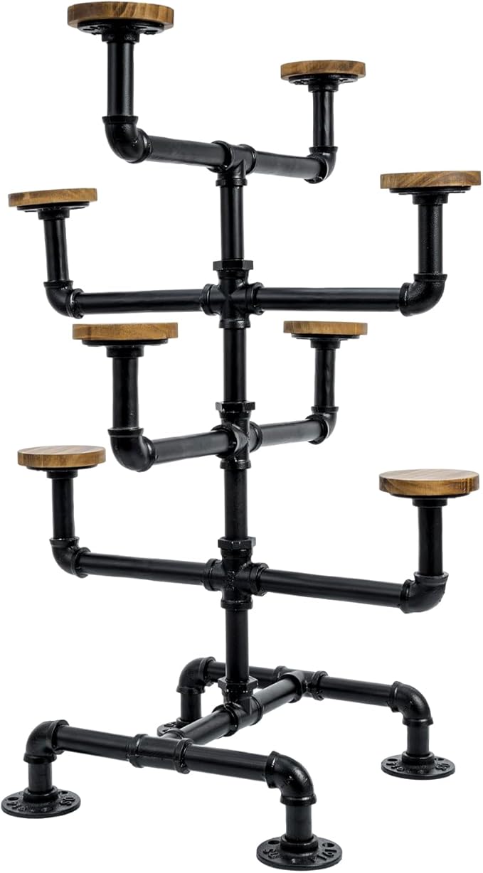 MyGift Hat Display Stand, Cowboy Hat Holder Rack with 8 Round Rustic Burnt Solid Wood Hangers, Countertop Retail Display Stand for Baseball Cap or Wig, Industrial Black Metal Pipe