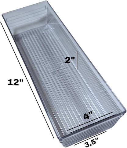 4 Pack 12"x 4" Clear Plastic Desk Drawer Organizer Tray Bathroom Office Kitchen Utensils Silverware Desk Drawer Storage Bins Container for Dresser Cosmetics Toiletries