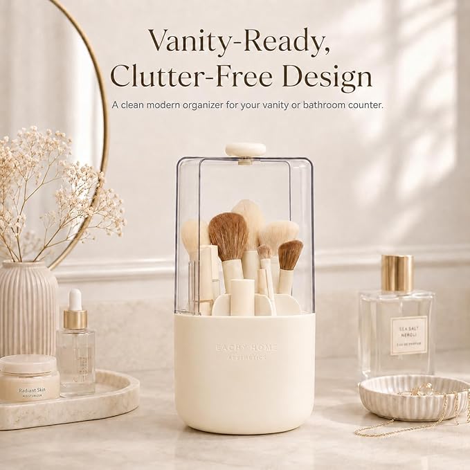 EACHY Makeup Brush Holder with Lid, 360° Rotating Vanity Organizer for Brushes, Dustproof Cosmetic Display Case, 7 Compartments, Waterproof Plastic (Beige)