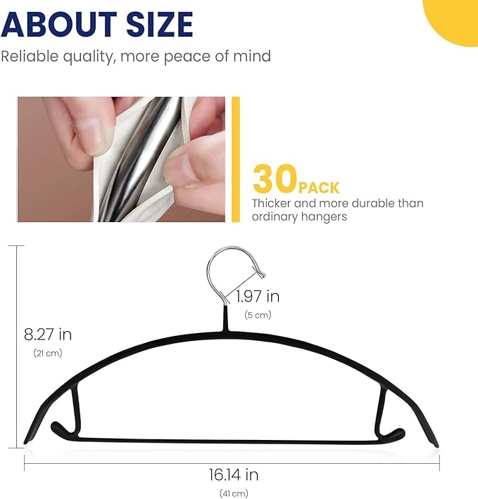 Jiang&Rong 30 Pack 16 Inch Rubber-Coated Non-Slip Metal Hangers - Heavy Duty No Bump Closet Hangers for Coats, Shirts, Suits, Sweaters (30-Pack, Black)