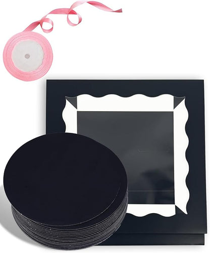 qiqee Black 10x10x8 Cake Box, 18 Sets Cake Box with Window ＆ 18 Sets 10" Cake Round Boards, 10inch Cake Containers, 10 Meters Pink Silk Ribbon Includes