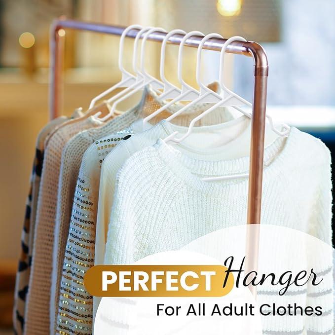 Our Modern Space 200 Pack Plastic Hanger for Shirt Pants Coats Dresses Skirts Suits Jackets - Standard Thick Coat Hanger - Sturdy & Durable Design with Shoulder Grooves Hook - White