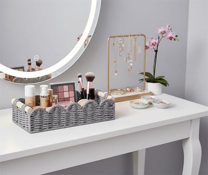 CubesLand Toilet Paper Storage Basket Organizer, Small Wicker Toilet Tank Top Decorative Baskets for Countertop, Handwoven Scalloped Basket w/handle for Home Decor, Living Room, Bedroom, Grey