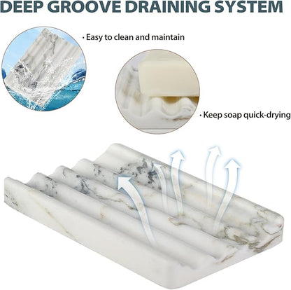 Koville African Natural Marble Soap Dish for Shower, Stone Soap Tray for Bathroom, Bar Soap Holder for Sink, Stripe Grooves Soap Saver Stone Dish Keep Bars Dry Easy Clean (Namib Bianco)