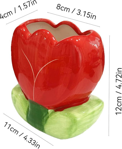 1 PC Ceramic Tulip Make up Brush Holder Flower Toothbrush Holder Cosmetic Storage Box Pen and Pencil Holder Desktop Organizers (Red)