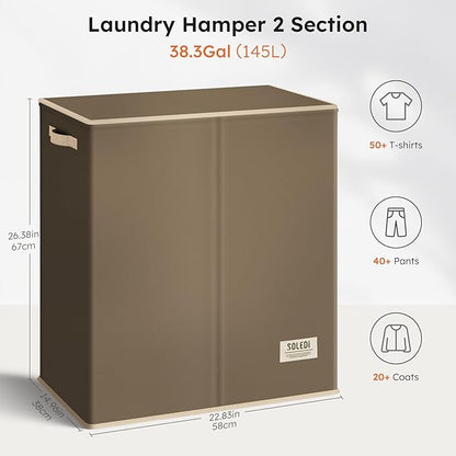 SOLEDI Large Double Laundry Hamper with Lid, Collapsible Clothes Hamper 2 section with Removable Bags, Space-Saving Laundry Basket for Bedroom, Dorm, College