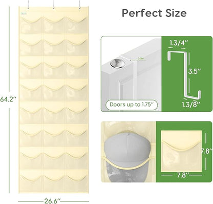 Baseball Hat Rack, 24 Pocket Over-The-Door Hat Organizer with Clear Deep Pockets to Display Baseball Caps Collection, Complete with 3 Over Door Hooks (Beige, 24 Pockets)