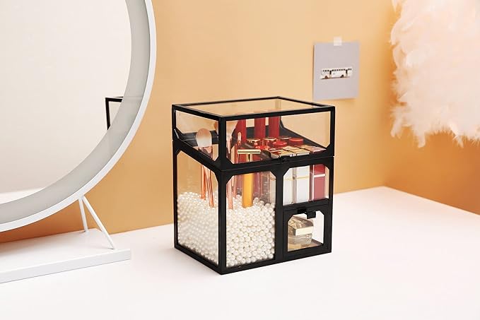 MOOCHI Black Vintage Glass Cosmetic Multifunctional Makeup Organizer with Pearls Dustproof Cosmetics Storage Display Case For Brushes Lipsticks