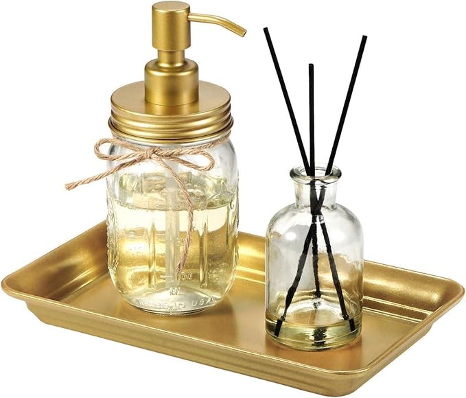 Vintage Farmhouse Decor Metal Vanity Tray (1 Pack), Countertop Guest Hand Towel Storage Tray Dispenser Organizer, Sturdy Bathroom Holder for Perfume, Cosmetics, Jewelry, Makeup (Gold