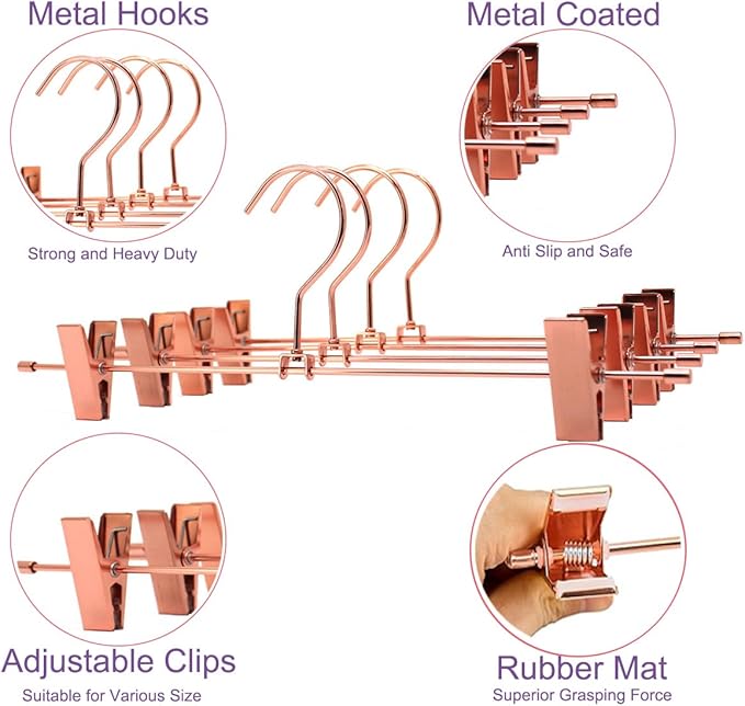 30Pack KOOBAY 13.7" Rose Gold Metal Heavy Duty Clips Pants Hangers Trousers with Swivel Hook
