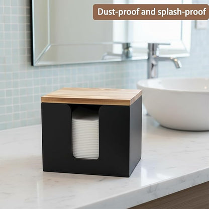 Disposable Face Towel Holder,Acrylic Facial Towel Holder Box with Wooden Lid,Square Face Towels Container,Clean Skin Club Fac e Towels Holder,for Bathroom Countertop,Vanity Makeup（Black）