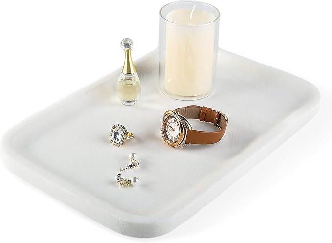 Koville Marble Vanity Tray, 12"x8" Marble Catchall Tray for Countertop Bathroom Kitchen Dresser, Rectangular Decorative Stone Tray for Jewelry Cosmetics Perfume Trinket(White)