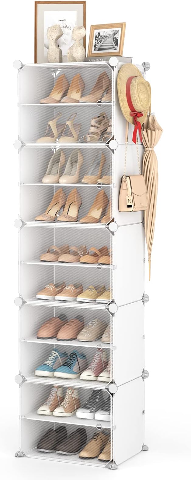 LANTEFUL 10 Tier Shoe Storage Cabinet with Door, Portable Narrow Organizer Rack for 20 Pairs, White Plastic with Hooks for Entryway or Bedroom