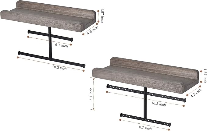 Keebofly Hanging Wall Mounted Jewelry Organizer with Rustic Wood Jewelry Holder Display for Necklaces Bracelet Earrings Ring Set of 2 Weathered Grey,[Patented]