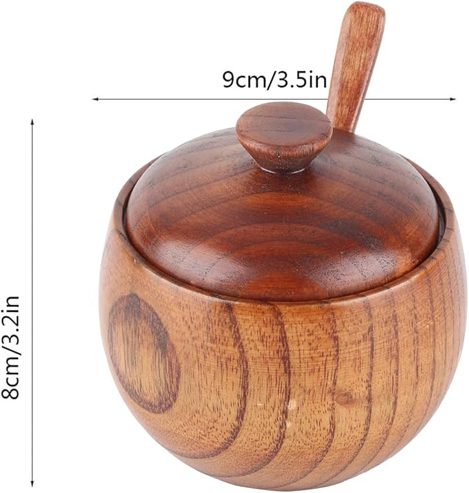 Wood Salt Pepper Bowl, Spice Box with Lid Spoon Salt Cellar Keeper Spice Bowls Cooking Sugar Holder for Kitchen Seasoning Container Holder