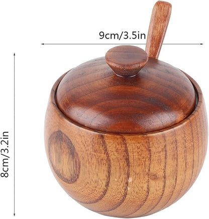Wood Salt Pepper Bowl, Spice Box with Lid Spoon Salt Cellar Keeper Spice Bowls Cooking Sugar Holder for Kitchen Seasoning Container Holder