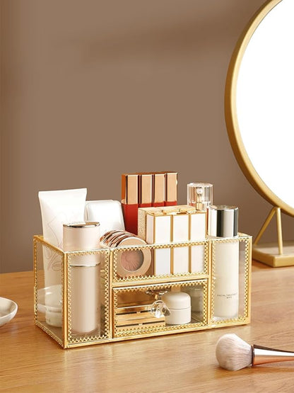 FSyueyun Vanity Clear Glass Makeup Organizer, Gold Makeup Brush Holder Cosmetic Storage Display Case for Skincare Perfume Dresser Countertop