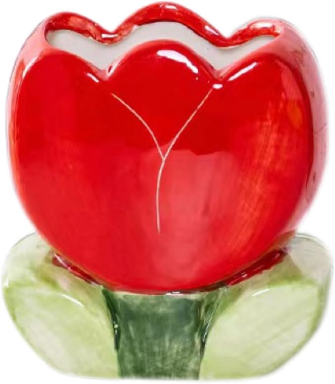 TANG SONG Ceramic Tulip Make up Brush Holder Flower Cosmetic Storage Box Pen and Pencil Holder Desktop Organizer (Red)