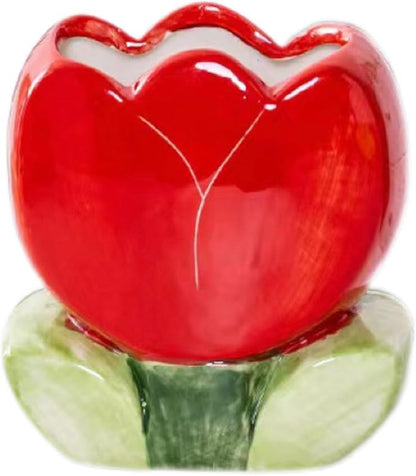 TANG SONG Ceramic Tulip Make up Brush Holder Flower Cosmetic Storage Box Pen and Pencil Holder Desktop Organizer (Red)