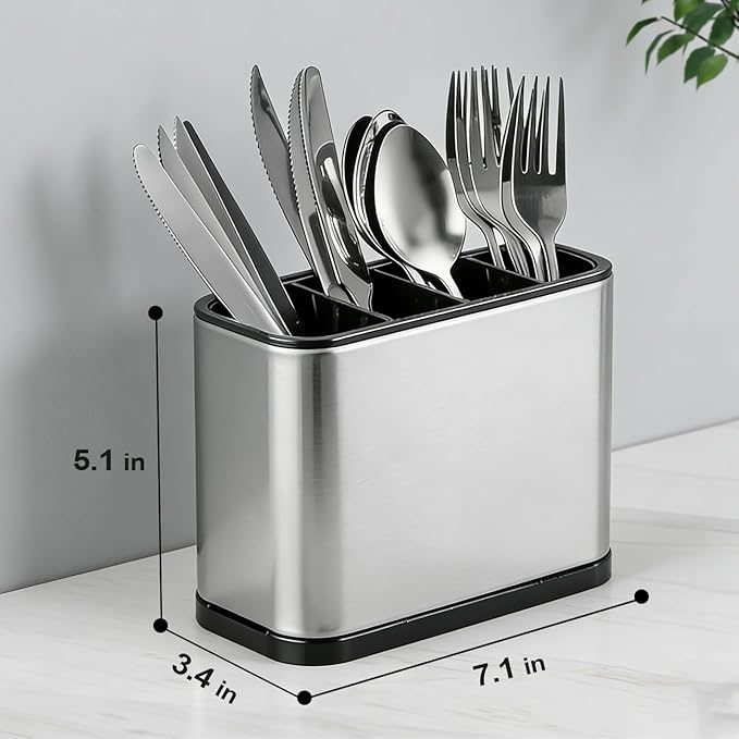 Utensil Holder, Silverware Organizer Caddy for Countertop Kitchen with 4 Compartments, Flatware Spoon Fork Tool Cutlery Holder Utensil Crock with Drain Tray for Counter Party Office, Silvery